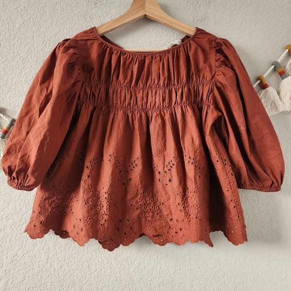 MNG Shirred Eyelet Crop Puff Sleeve Ruffle Top Terracotta Boho Prairie Peplum 2 - Picture 2 of 12